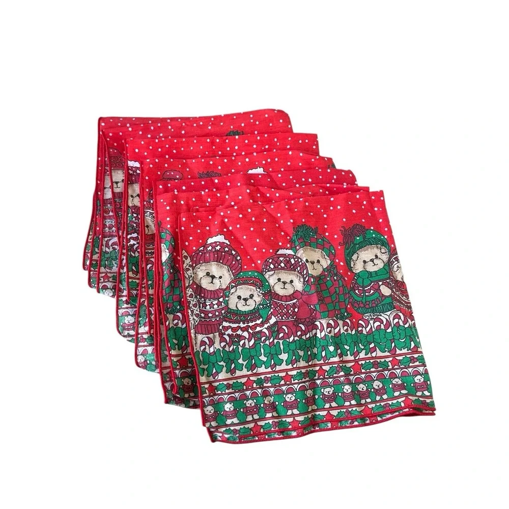 Vintage Christmas Linen Napkins‎ Bears 1980s Linen Set 4 Napkins